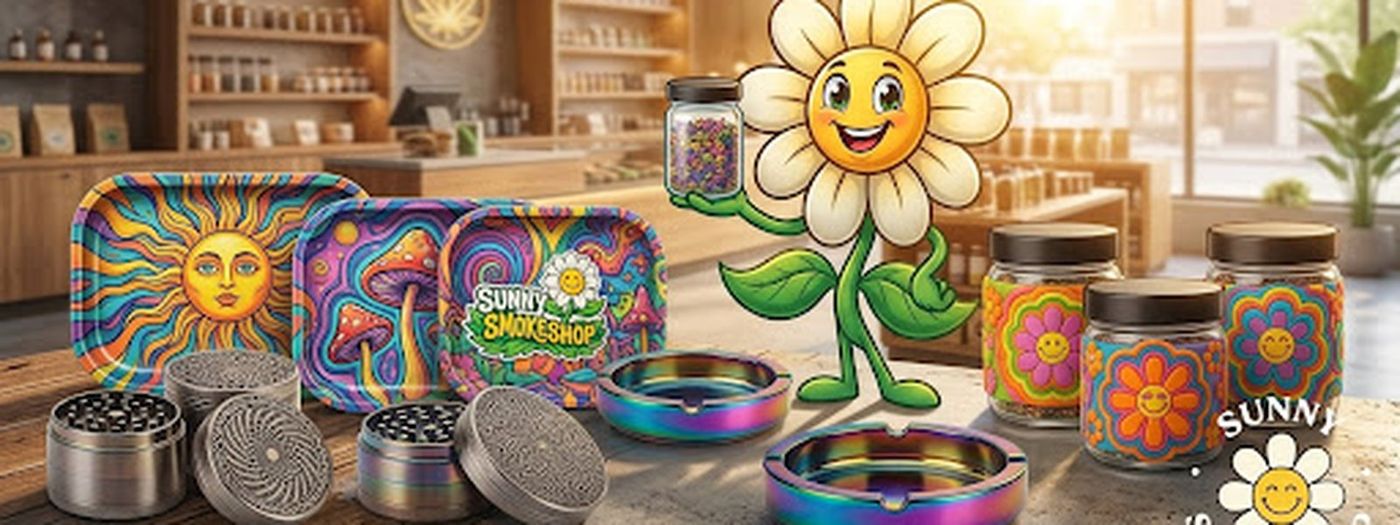 Charolas, grinders y frascos herbales de Sunny Smokeshop